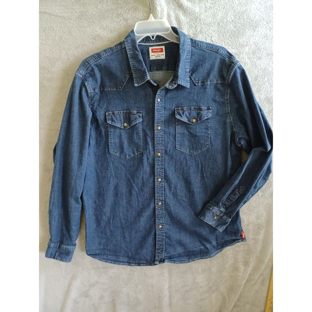 Wrangler Shirt 2XL Men Denim Western Snap Indigo Blue Long Sleeve JSD4AWB Cowboy